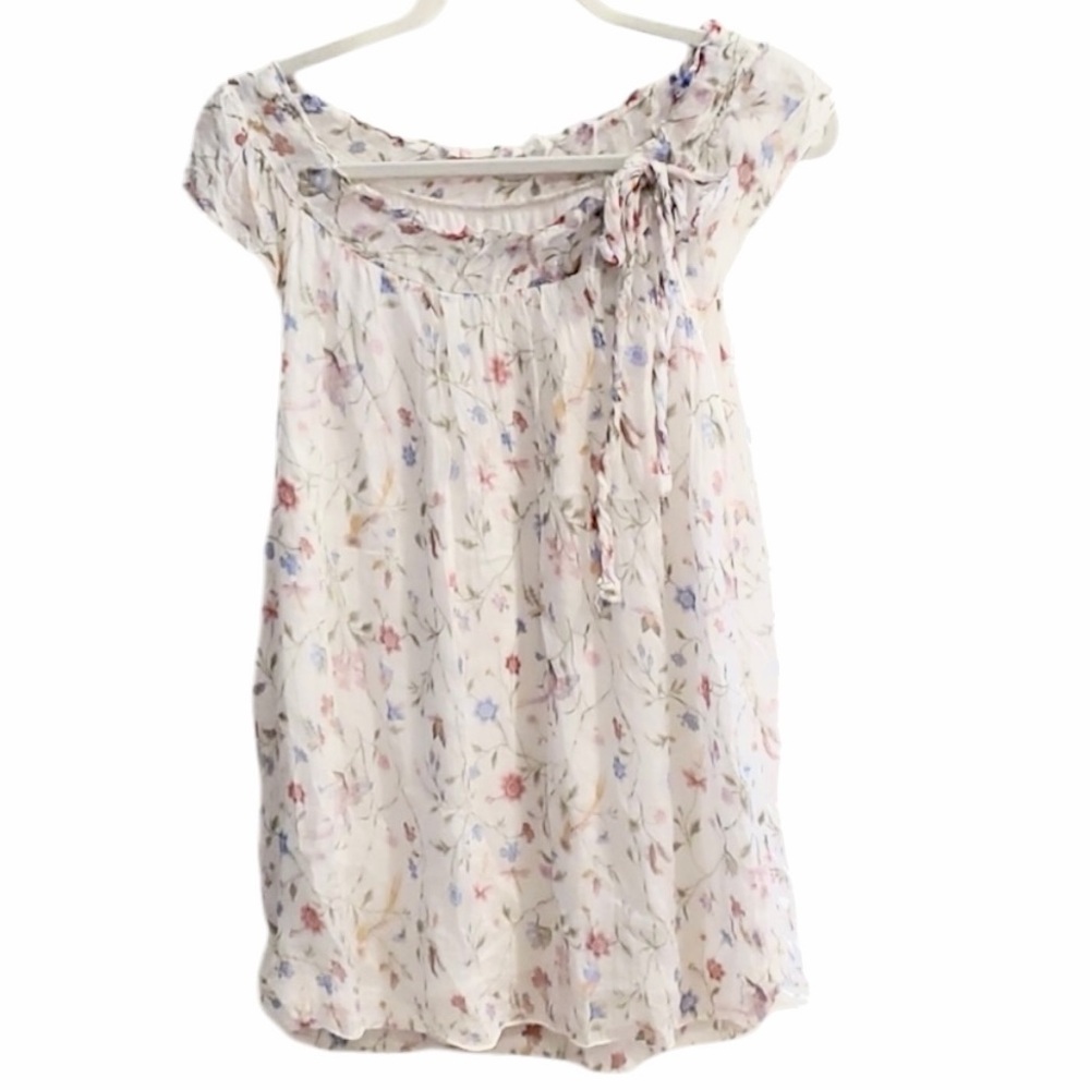 Tendenze Silk Floral Blouse Small Made in Italy Sheer Peasant Tie Neck